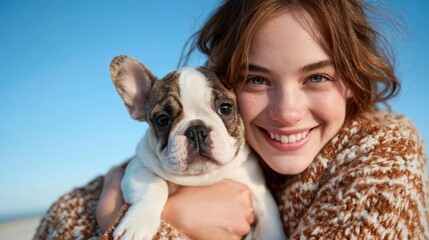A joyful girl hugs her adorable French Bulldog on the beach, showcasing a heartwarming connection between pets and their owners in a beautiful outdoor environment.