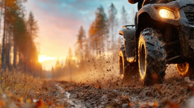 An exciting shot of a quad bike splashing through muddy terrain at sunrise, perfectly capturing the thrill of adventure and connection with nature during off-road riding.