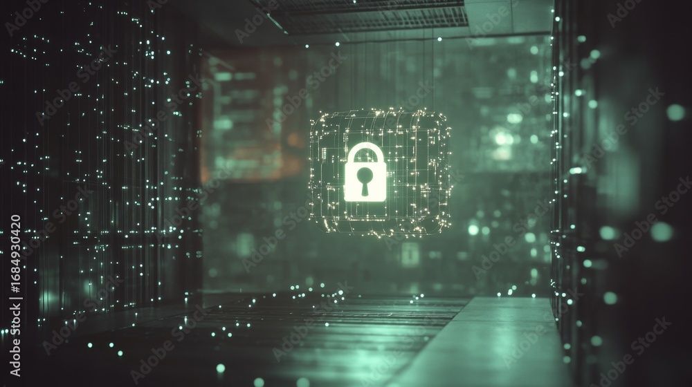 Aufkleber Floating digital lock icon above tech network cybersecurity visualization digital art environment futuristic concept