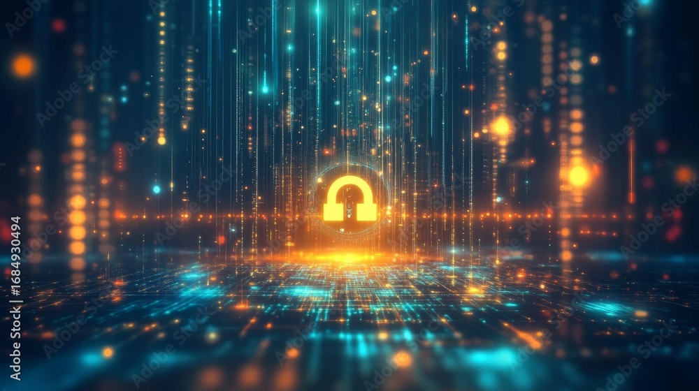 Aufkleber unlocking digital security a floating lock icon above a glowing matrix in a futuristic environment