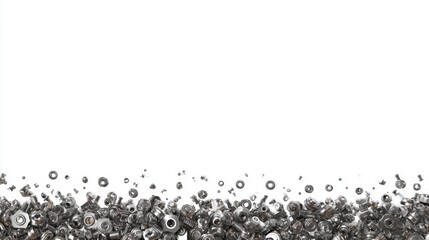 Pile of metal nuts and bolts on white background