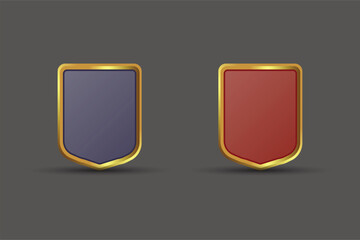 Blank shield vector with golden color. Luxury badge with blue and silver shield colors for advertisement. Realistic emblem of strong digital protection, and security screen to protect against weapons.