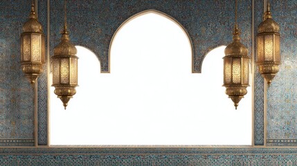 Islamic window frame and lanterns on white background