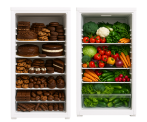 overeating. eating disorder. nutrition. proper nutrition. intuitive eating. refrigerator filled with sweets on a transparent background. refrigerator filled with vegetables on a transparent background