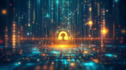 Fototapeta premium Unlocking digital security a floating lock icon above a glowing matrix in a futuristic environment