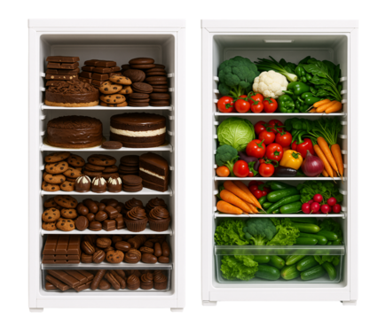overeating. eating disorder. nutrition. proper nutrition. intuitive eating. refrigerator filled with sweets on a transparent background. refrigerator filled with vegetables on a transparent background