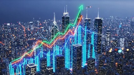 Financial growth concept with illuminated city skyline and stock market graph, a rising economy - Powered by Adobe