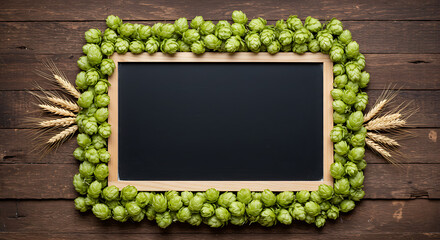 A Rustic Blackboard Surrounded by Fresh Hops and Wheat Stalks, Evoking a Farm-to-Table Brewery Ambiance