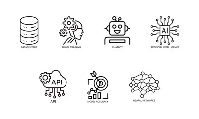 AI machine learning icon set. Thin line editable stroke icons for artificial intelligence, chatbot, neural networks, training models, prompts, accuracy, and API integration. vector illustration eps