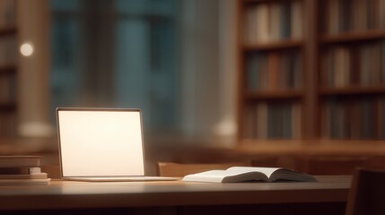 Laptop on desk with open book in library