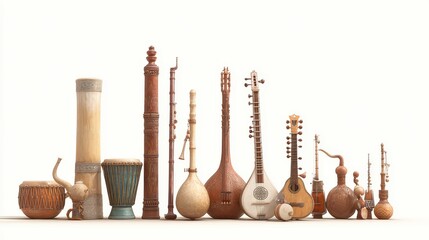 Various Middle Eastern and Indian musical instruments on white background