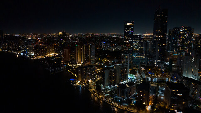 Night in Miami, photograph of the large buildings on the city's waterfront, photograph captured with a drone