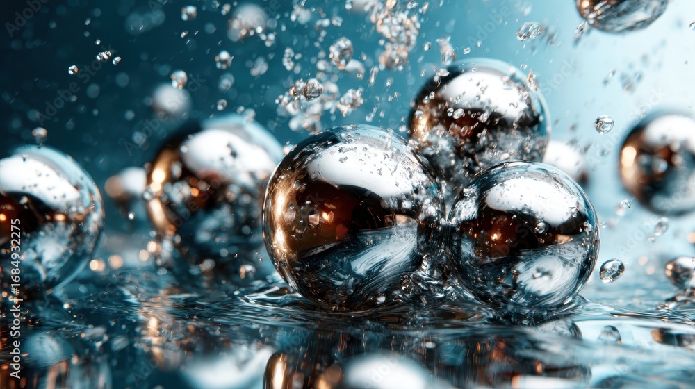 Poster a captivating display of shining spheres submerged in water, capturing reflections and bubbles that 