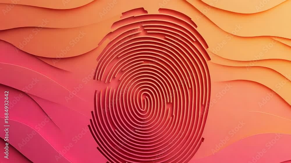 Poster fingerprint maze emerging from colorful wavy background representing biometric security