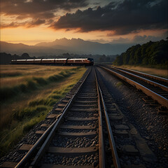 Fototapeta premium Sunset over railway tracks with train rails stretching into the horizon