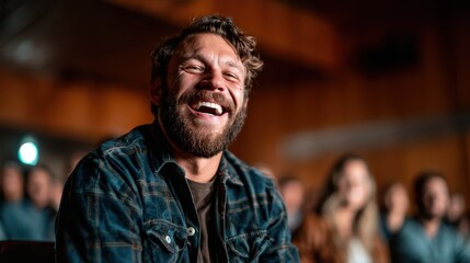 A bearded man laughing heartily amidst an audience, radiating joy and amusement, embodying a moment filled with shared laughter and camaraderie, perfect for event portrayals.