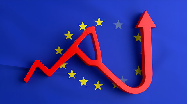 Crisis in European union. EU flag with falling graph. Economic decline due to inflation. Red down arrow next to EU banner. Crisis of financial system. Recessional downturn in EU. GDP crisis. 3d image