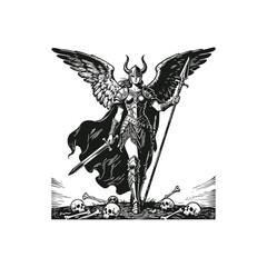 Engraving Valkyrie warrior logo, featuring a winged female fighter in armor with spear and sword standing on skulls