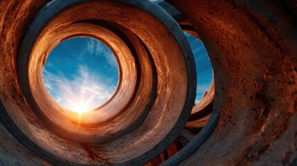 An abstract view through a concrete cylinder reveals a stunning sunset and blue sky beyond, capturing the interplay between modern structures and natural beauty.