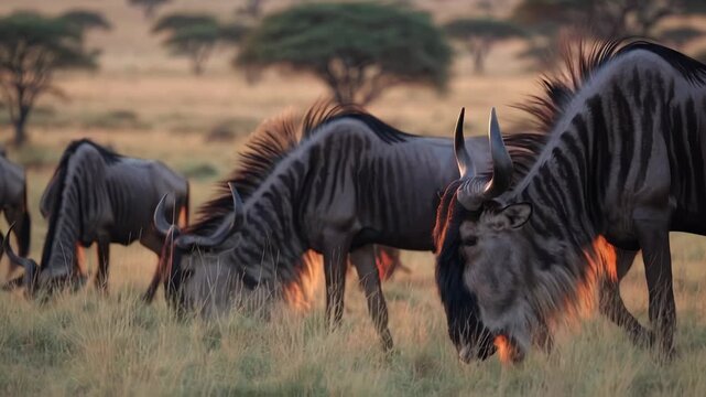 Wildebeests graze on the savanna, where grasslands stretch around the wildebeests with their distinctive curved horns. Tall grass surrounds the wildebeests in the expansive savanna