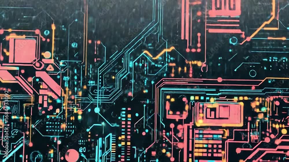 Poster Futuristic circuit board pulsating with colorful energy and data flow