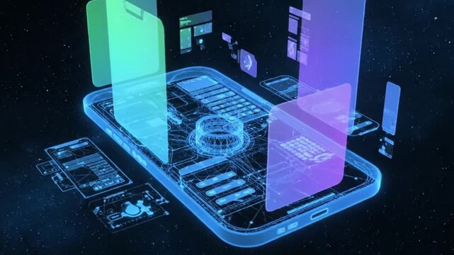 A 3D wireframe of a mobile app interface being constructed in space, with final UI panels flying into position