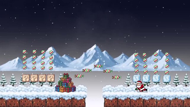 pixel art animation of a winter-themed, side-scrolling video game level. The scene is set at night with a sky full of stars and mountains in the background