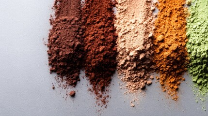 A captivating arrangement of natural powders in various colors, showcasing earthy tones, perfect for artistic projects, food coloring, or makeup applications.