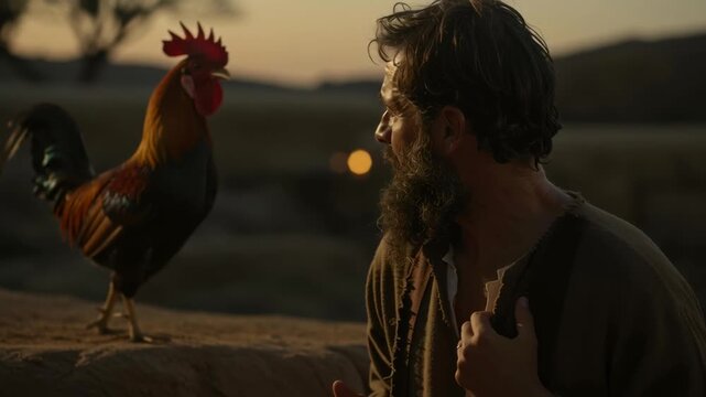 A man covers his face in despair next to a rooster, depicting Peter denying Jesus in a biblical scene footage.