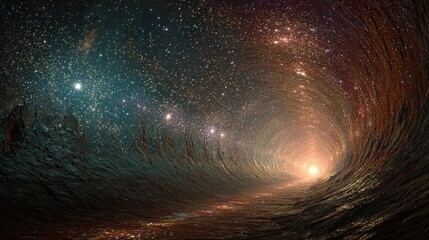 片方の端に太陽系、もう片方の端に遠くの星座が宇宙のエネルギーで輝く、超現実的な星空のトンネル。