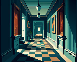 colorful illustration of a victorian hallway with painting art