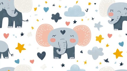 Playful elephant parade whimsical jungle pattern design cheerful atmosphere aerial view fun and smiling concept