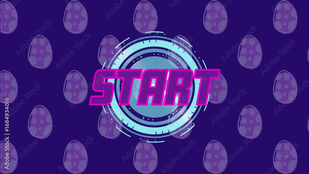 Poster animation of start text over scope scanning and egg icons on blue background
