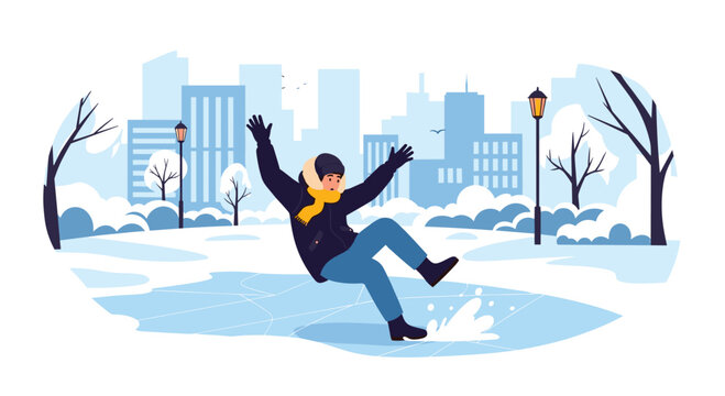 A person slips on a frozen puddle in a city park during winter creating a splash of water and snow as they fall.