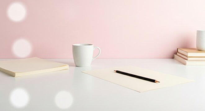 A minimalist workspace with a cream-colored notepad, a white mug, and a black pencil on a white surface against a soft pink backdrop.