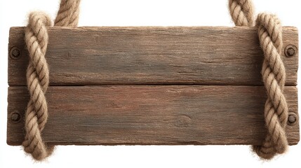 Blank wooden sign with rope on white background