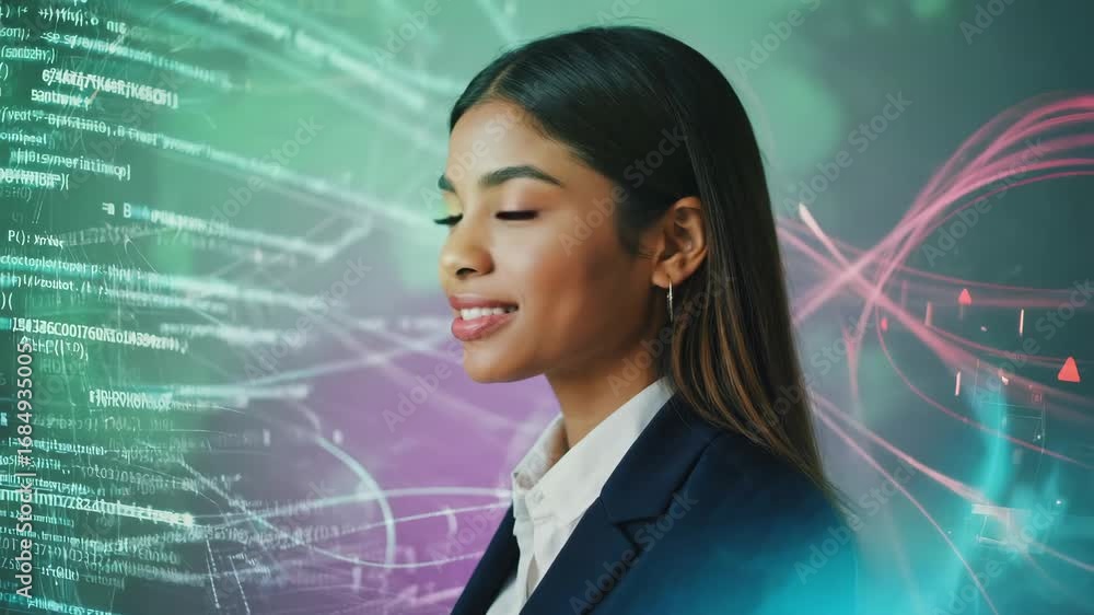 Poster businesswoman with closed eyes is visualizing data flow and code analysis in a futuristic digital en