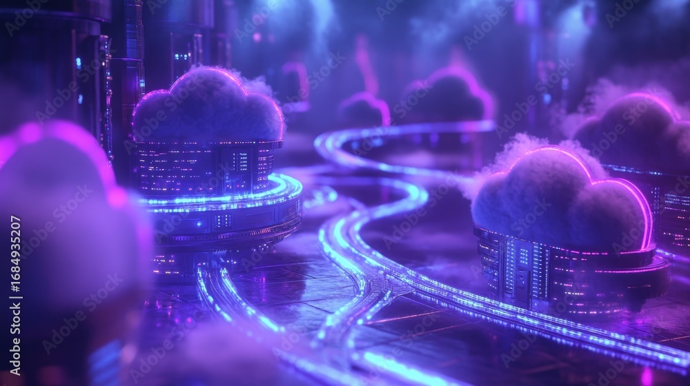 Poster exploring the futuristic server room in a glowing cloud computing environment with a high-tech viewp