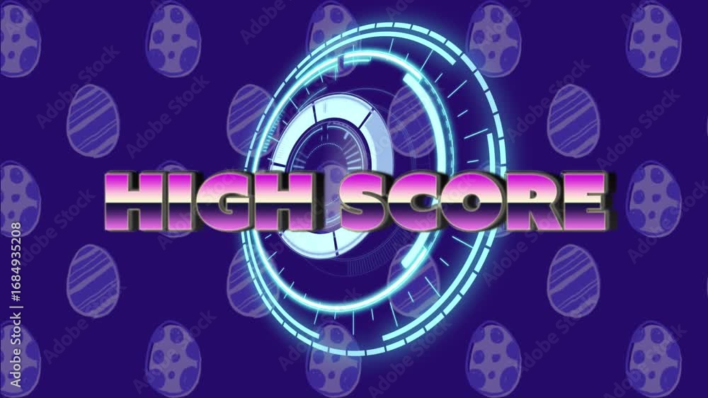 Poster animation of high score text over scope scanning and egg icons on blue background