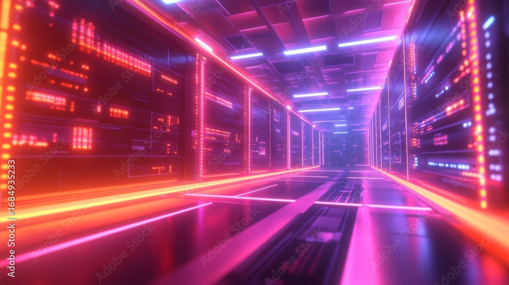 Poster exploring the futuristic server room digital cloud computing environment high-tech data center neon 
