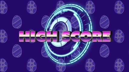 Animation of high score text over scope scanning and egg icons on blue background - Powered by Adobe