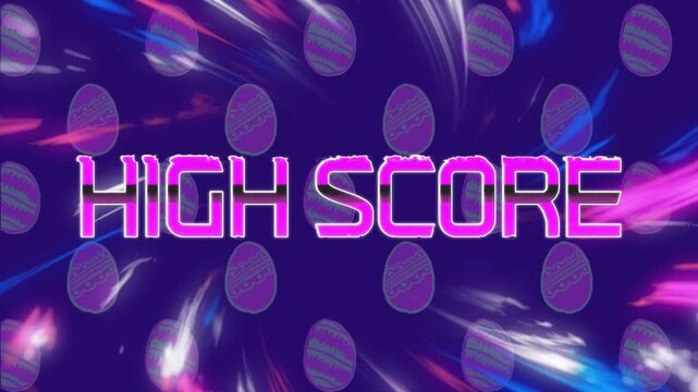 Animation of high score text over trails and egg icons on blue background - Powered by Adobe