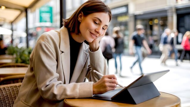 A young creative woman sitting at a table in a cafe using a stylus on a tablet to create digital art or work, a great image for marketing technology and freelance services - Powered by Adobe