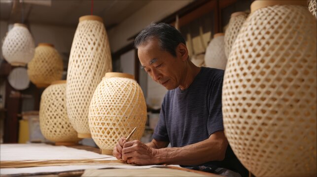 Asian craftsman making bamboo crafts in workshop - Powered by Adobe