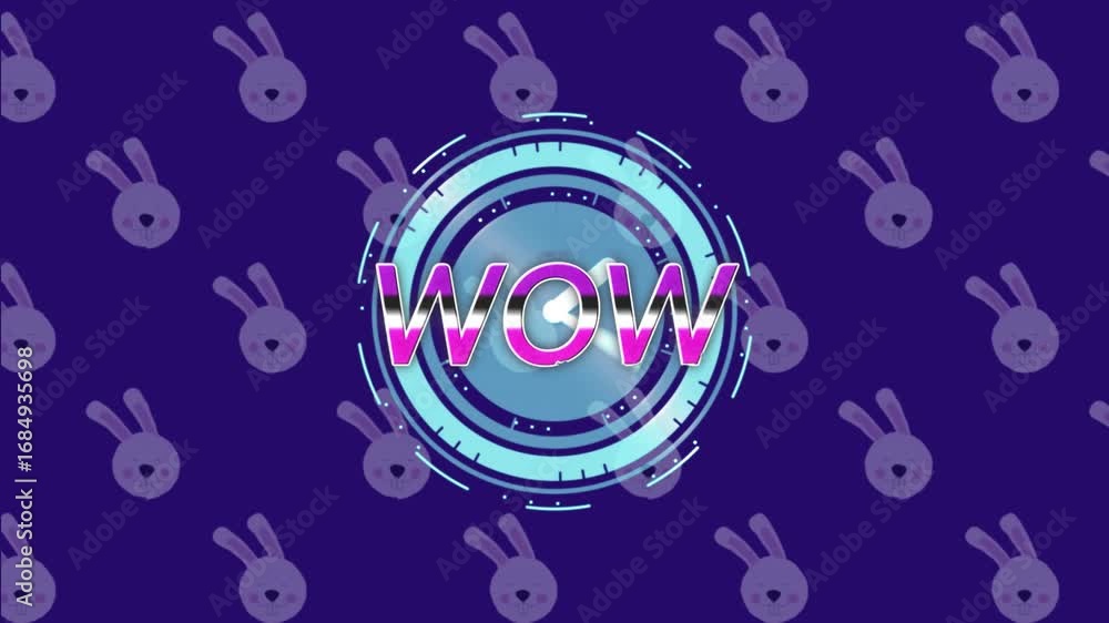 Aufkleber animation of wow text over scope scanning and bunny icons on blue background