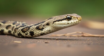 Fototapeta premium Close-up of a snake with intricate patterns and detailed scales, its head angled towards the camera, gracefully traversing a natural setting.