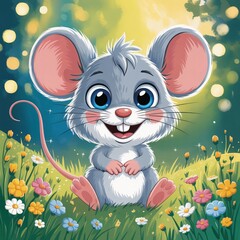 Cute Cartoon Mouse in a Meadow