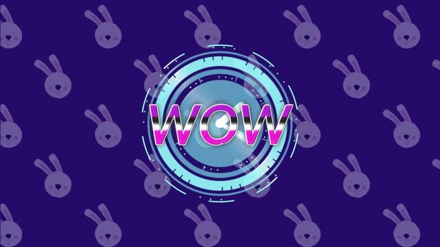 Animation of wow text over scope scanning and bunny icons on blue background - Powered by Adobe