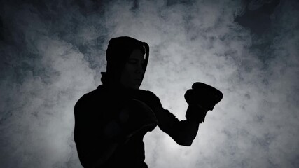 A silhouette of a boxer is visible against a background filled with smoke, with the silhouette emphasizing the boxer's gloves. The smoke swirls around the boxer, enhancing the glov - Powered by Adobe