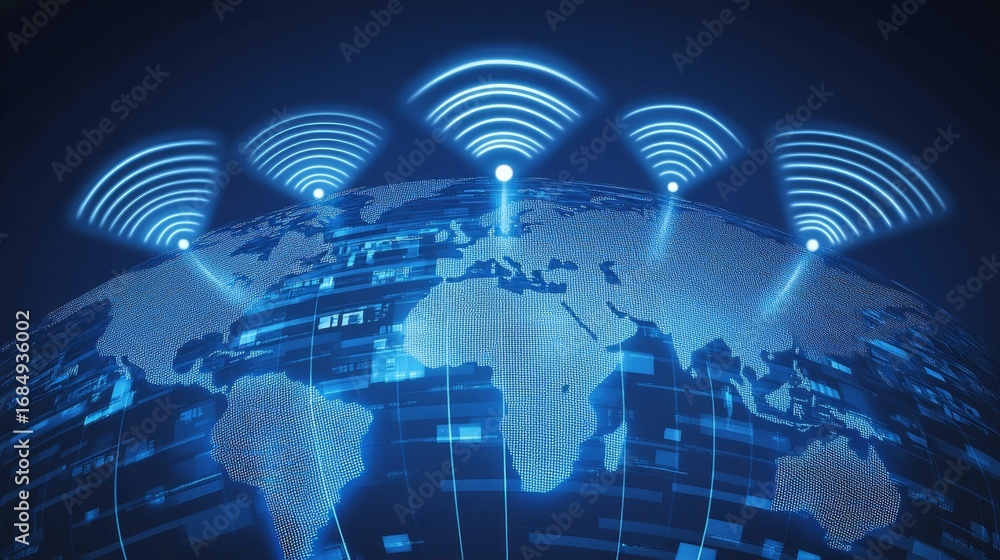Aufkleber radiating wireless signals from a global map technology overview digital environment geographical pe
